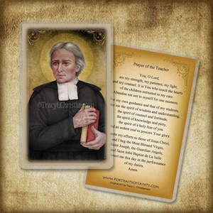 May include: A prayer card featuring a portrait of a man in a black robe holding a red book. The text on the card reads "Prayer of the Teacher" and includes a prayer for teachers.