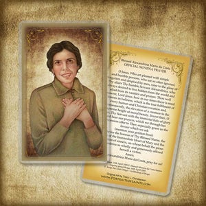 May include: A prayer card featuring a portrait of Blessed Alexandrina Maria da Costa, a Catholic saint. The card has a gold background and features a portrait of Alexandrina with her hands clasped in prayer. The text on the card reads "Blessed Alexandrina Maria da Costa Official Novena Prayer".