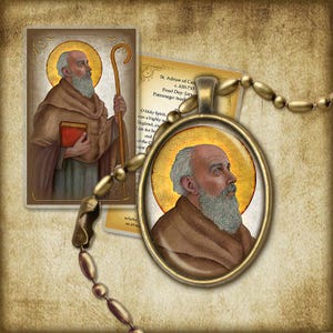 St. Adrian of Canterbury  Pendant/Key Chain and Holy Card GIFT SET