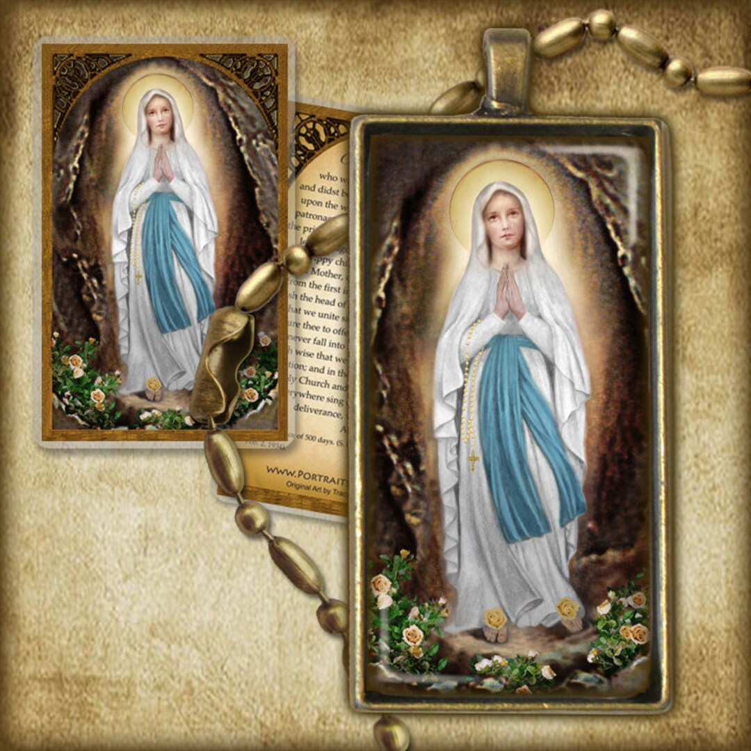 Our Lady of Lourdes Pendant and Holy Card GIFT SET for Catholic 1st ...