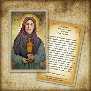 May include: A religious prayer card featuring a painting of Saint Sophia, a woman holding a clay pot. The card includes a biography of Saint Sophia, Mother of Orphans, and the text "Saint Sophia, pray for us!"