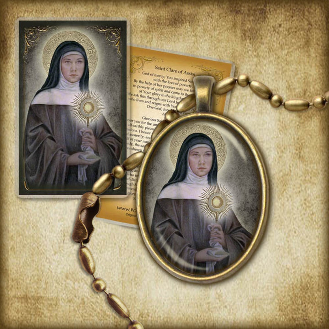 St. Clare of Assisi Pendant and Holy Card GIFT SET, Patron of Eye ...