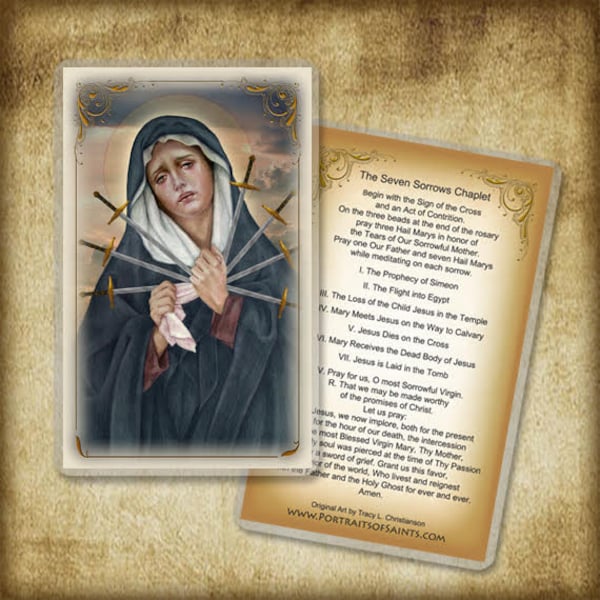 Seven Sorrows of Our Lady Prayer Card, Catholic Holy Card