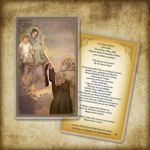 May include: A religious card featuring an illustration of St. Simon Stock receiving a scapular from the Virgin Mary and the Christ Child. The card includes text about St. Simon Stock and a prayer. The card is rectangular with a gold border.