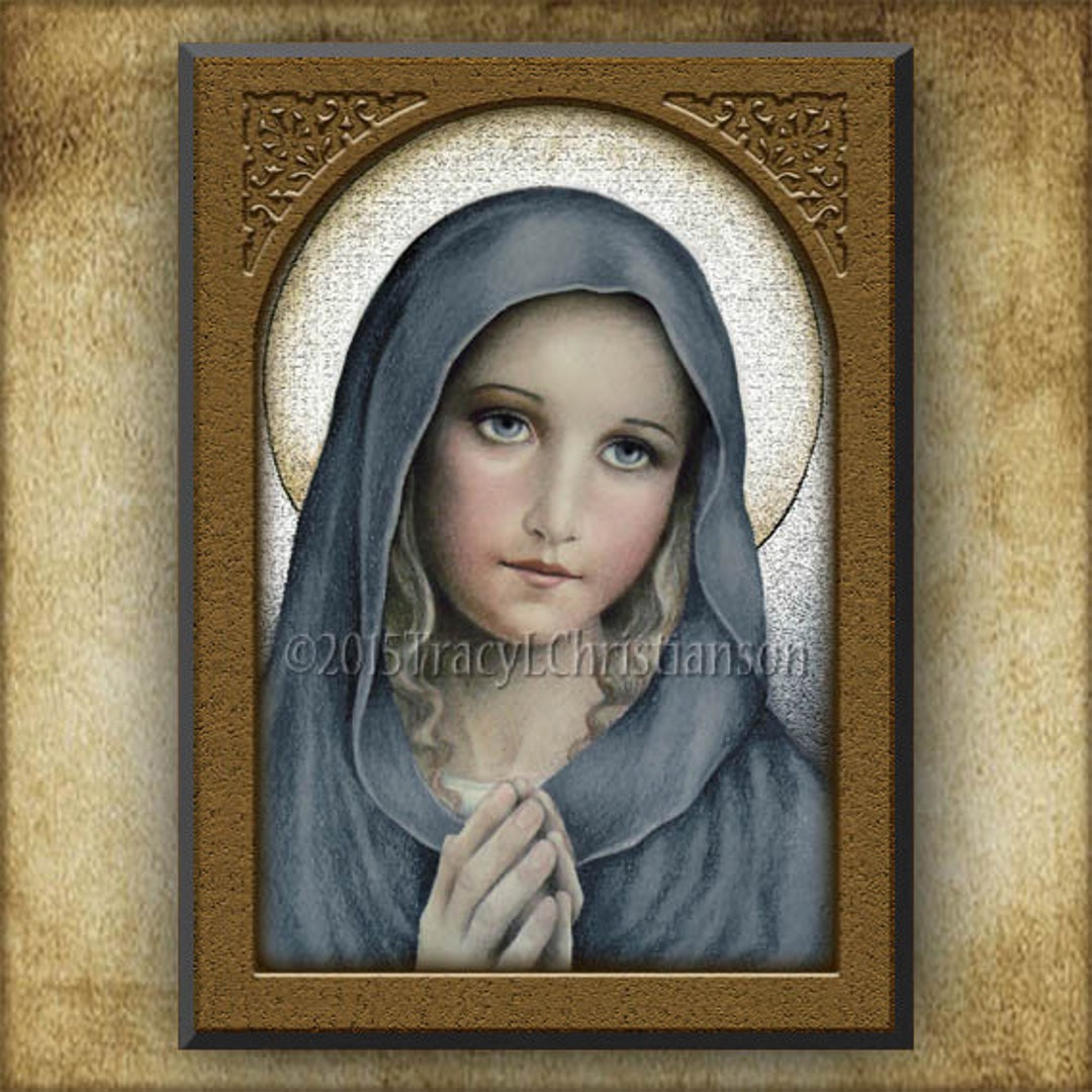 The Virgin Wood Plaque and Holy Card GIFT SET for First Holy Communion ...