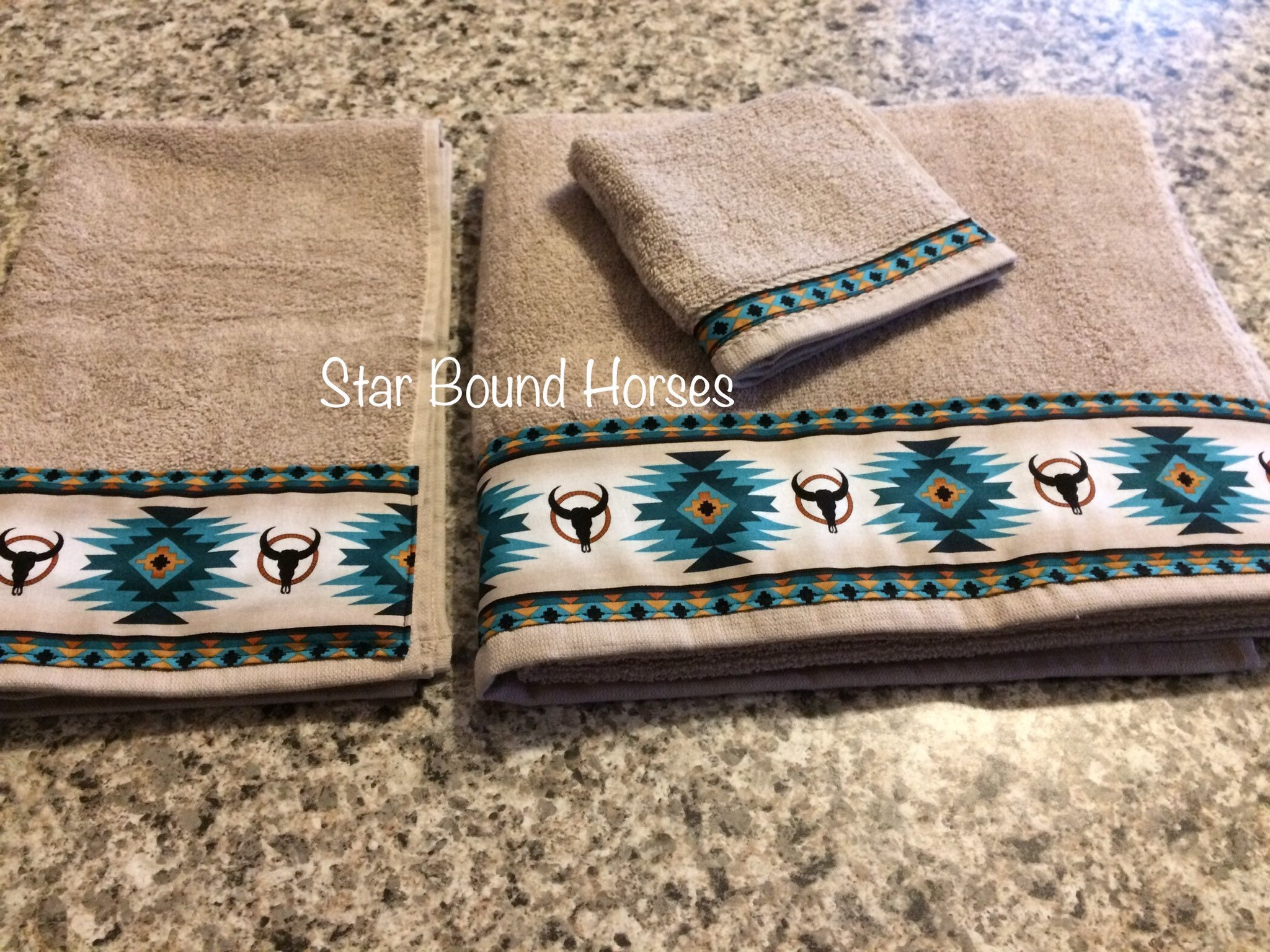 Western Decor Towels Set of 3 brown Towels with custom Prairie  Horse Border