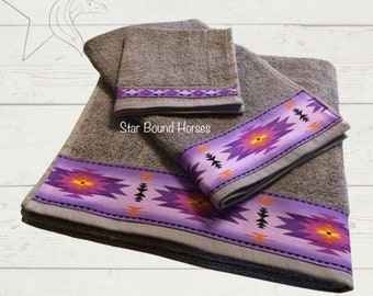 Western Towels, Purple Bath, Western Bathroom, Western Housewarming, Bath Towel, Hand Towel, Face Cloth, navajo print, Western Wedding