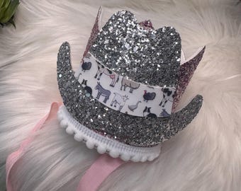 Cowboy Hat Birthday Crown, Farm Crown. Farm Birthday, western Birtday.  Custom Birthday Crown, 1st Birthday