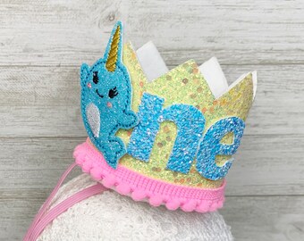 Narwhal Glitter Crown,One Birthday Crown,Birthday Hat,Birthday Crown,Birthday Hat,Little Princess Birthday Crown, 1st Birthday