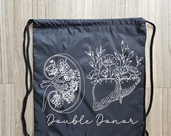 Floral Double Donor Draw String Backpack, Living Donor Tote Bag,  Living Donor, Liver Donor, Kidney Donor, Double Donor