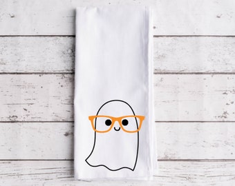 Cute Ghost In Glasses Flour Sack Tea Towel, Tea, Funny Kitchen Towel, Halloween Decor, Flour Sack Towel