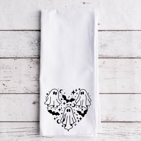 Ghost Heart Flour Sack Tea Towel, Tea, Funny Kitchen Towel, Halloween Decor, Flour Sack Towel