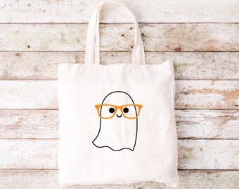 Cute Ghost In Glasses Tote Bag, Funny Tote Bag, Tote Bag, Canvas Tote Bag, Halloween Tote