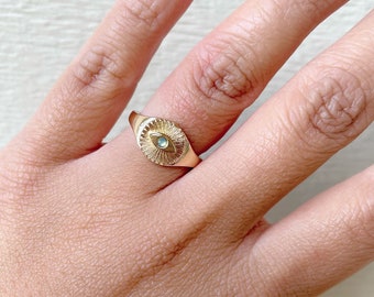 PERIMADE 14K Gold Plated Sterling Silver Evil Eye Signet Ring Gold Statement Ring for Women Mother/'s Day Gift