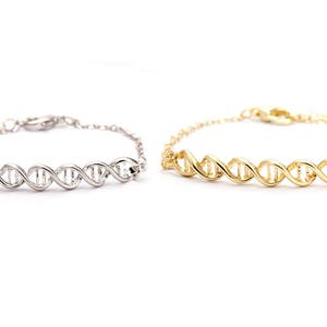 DNA Bracelet, graduation gift, silver or yellow gold finish, chromosome, science jewelry, biology, chemistry, helix, doctor gift, nurse gift