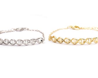 DNA Bracelet, graduation gift, silver or yellow gold finish, chromosome, science jewelry, biology, chemistry, helix, doctor gift, nurse gift