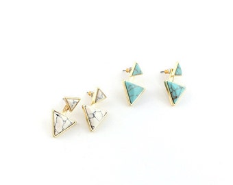 Howlite Triangles Earring Jackets - turquoise earring, howlite earring, earring jacket, yellow gold finish, double sided earring, geometric