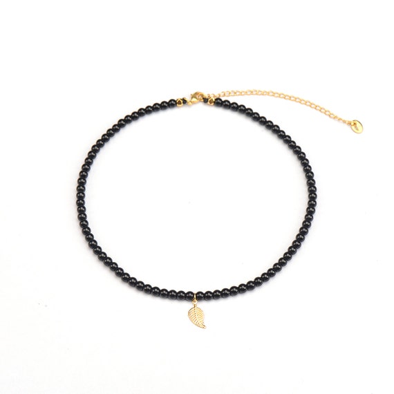 Beaded Choker Necklace Black Onyx Beads With Leaf Charm | Etsy