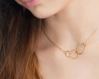 Three Interlocking Circle Necklace - silver or yellow gold finish - hammered circle, mother of three, sisters necklace, three sisters,