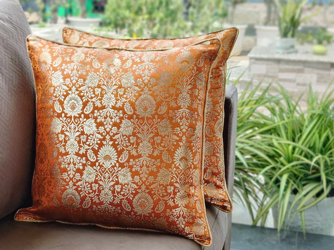 Banaras Brocade Pillow Covers, Dull Orange and Gold, 1 PAIR Damask