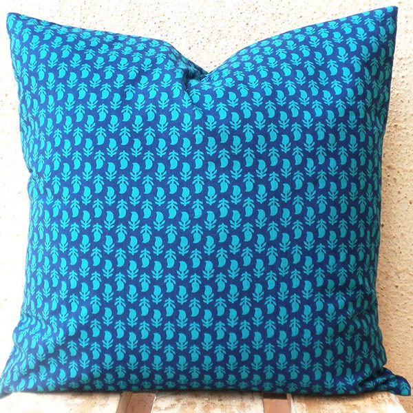 Pillow Covers - Blue Small Paisley Motifs Hand Printed on Dark Blue Background - 20 x 20 - 1 pair