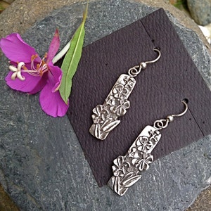 Alaskan Silver Fireweed Dangle Earrings, cast in reclaimed silver, on silver ear wires