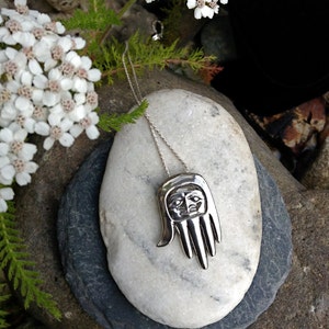 Silver Healing Hand Necklace/Amulet, Alaskan Native Style, cast in eco friendly reclaimed sterling silver, on 20 silver rope chain image 2