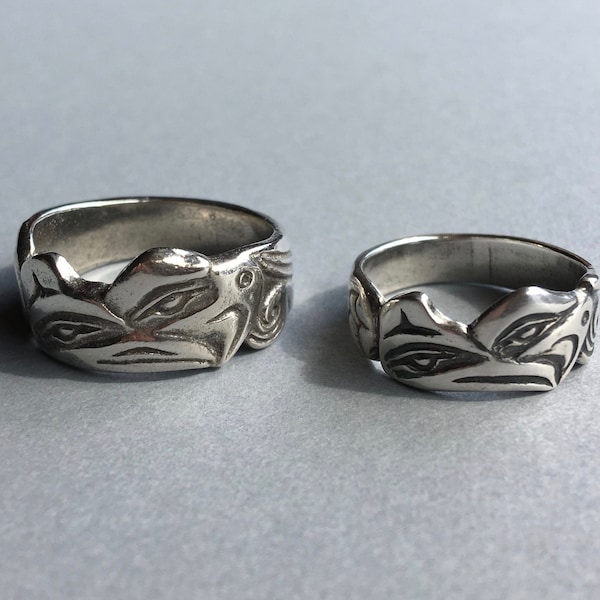 Alaskan Native Style Silver Lovebirds Ring, Raven and Eagle, cast in reclaimed silver