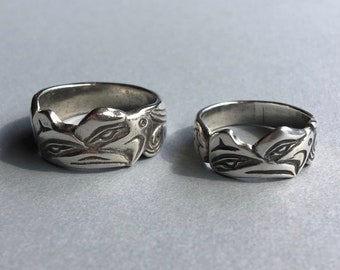 Alaskan Native Style Silver Lovebirds Ring, Raven and Eagle, cast in reclaimed silver
