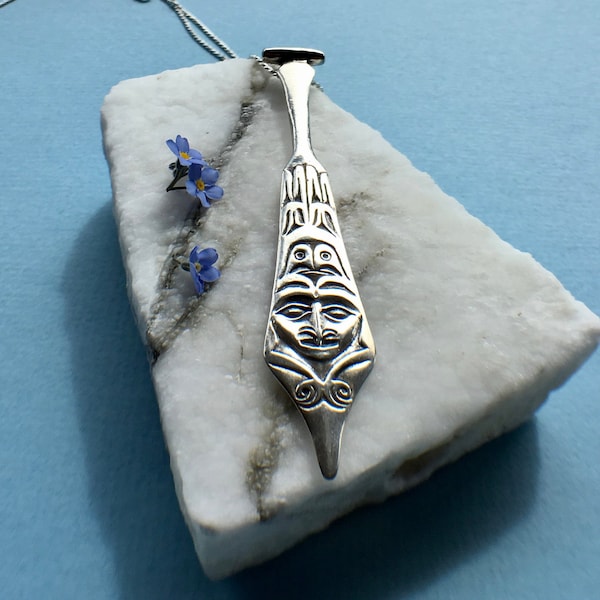 Alaskan Paddle Necklace, Silver Spirit Paddle, Made In Alaska, Spirit Hawk Necklace, NWC Native Style, NWC Silver Jewelry, Hawk Necklace