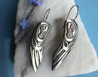 Hawk Wings earrings, solid sterling silver, traditional Alaskan Native style design, eco friendly reclaimed silver, amulet/talisman earings