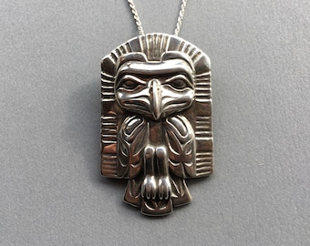 Solid Sterling Silver Eagle Frontlet Necklace/Brooch, Alaskan Native Style, cast in eco-friendly sterling silver, on 20" sterling rope chain