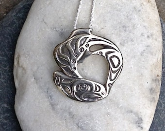 Silver Salmon Alaskan Native Style Necklace on 20"  silver rope chain, cast in eco friendly reclaimed silver