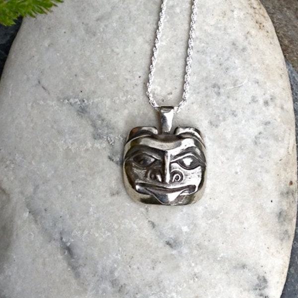Silver Alaskan Bear Mask Necklace, Northwest Coast Native Style cast in eco friendly sterling silver, on 18" sterling rope chainreclaimed