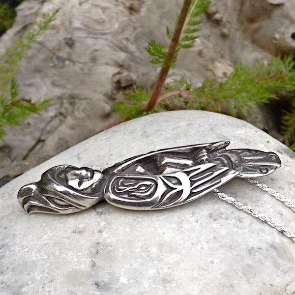 Alaskan Native Style Hawk Amulet Necklace, cast in eco friendly reclaimed Solid Sterling Silver, 20"  with silver rope chain