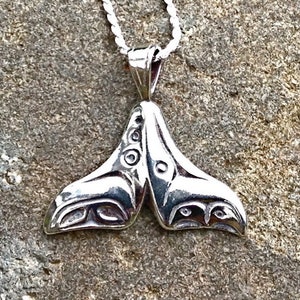 Silver Whale Tail Necklace, Alaskan Native Style, Up cycled, Eco Friendly, Reclaimed silver, on 18" sterling rope chain