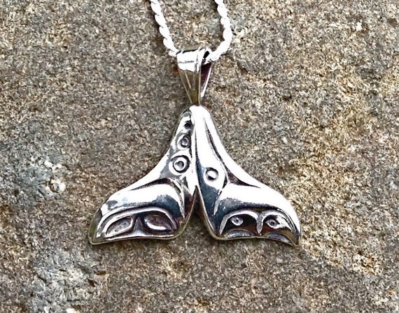 Silver Whale Tail Necklace, Alaskan Native Style, Up cycled, Eco Friendly, Reclaimed silver, on 18" sterling rope chain
