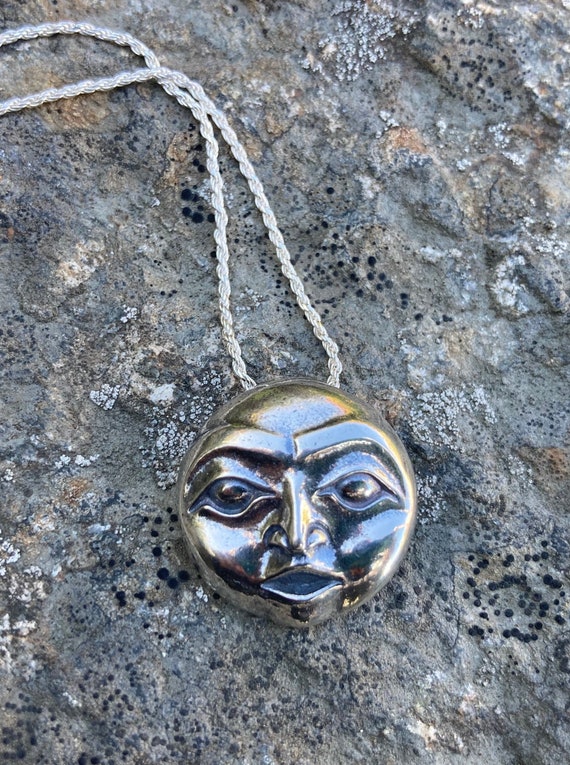 Full Moon Alaskan Native style amulet pendant on 18" sterling chain, cast in eco friendly reclaimed sterling silver