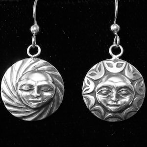 Silver Sun and Moon Earrings, Alaskan Native Stye inspired drop earrings cast in eco friendly reclaimed sterling silver, on silver ear wires