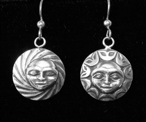 Silver Sun and Moon Earrings, Alaskan Native Stye inspired drop earrings cast in eco friendly reclaimed sterling silver, on silver ear wires