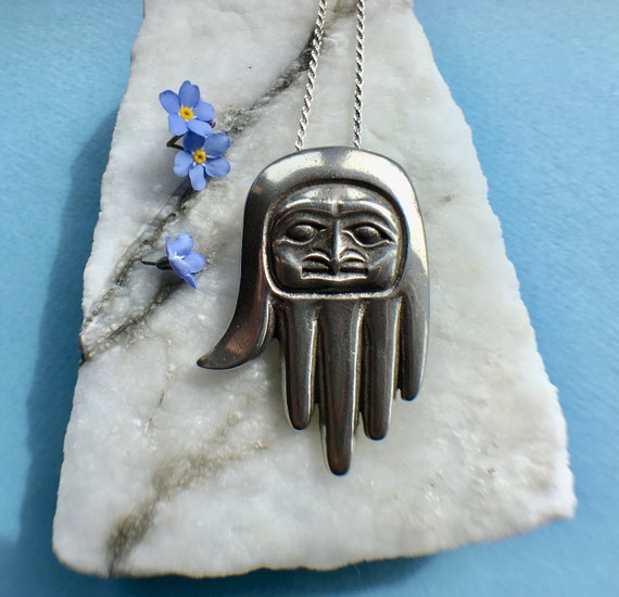 Silver Healing Hand Necklace/Amulet, Alaskan Native Style, cast in eco friendly reclaimed sterling silver, on 20" silver rope chain