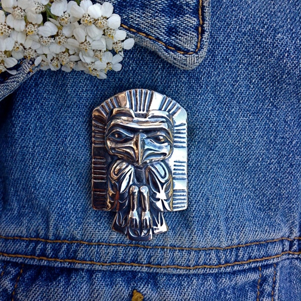 Silver Eagle Frontlet Brooch, Alaskan Native Style, cast in eco friendly reclaimed Sterling silver