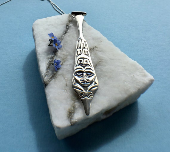 Alaskan Paddle Necklace, Silver Spirit Paddle, Made In Alaska, Spirit Hawk Necklace, NWC Native Style, NWC Silver Jewelry, Hawk Necklace