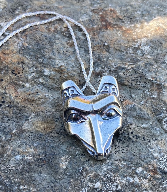 Alaskan Wolf Native style amulet pendant, on 20" sterling chain, cast in eco-friendly reclaimed sterling silver