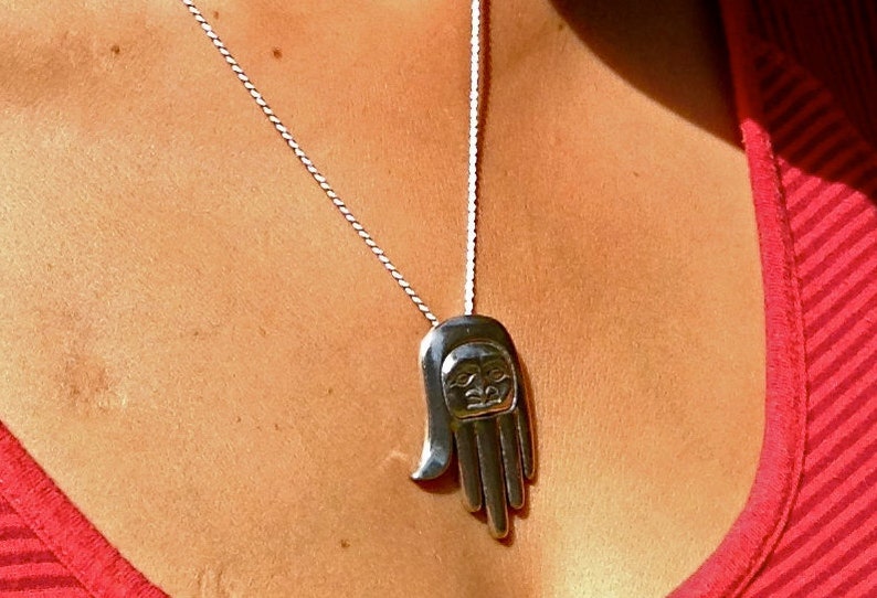 Silver Healing Hand Necklace/Amulet, Alaskan Native Style, cast in eco friendly reclaimed sterling silver, on 20 silver rope chain image 4