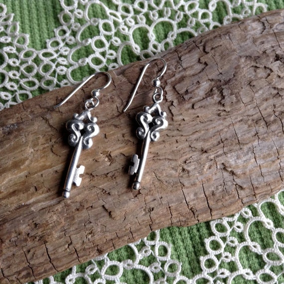 Silver Skeleton Key Drop Earrings, made in Alaska, cast in reclaimed silver, on silver ear wires