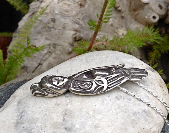 Alaskan Native Style Hawk Amulet Necklace, cast in eco friendly reclaimed Solid Sterling Silver, 20"  with silver rope chain