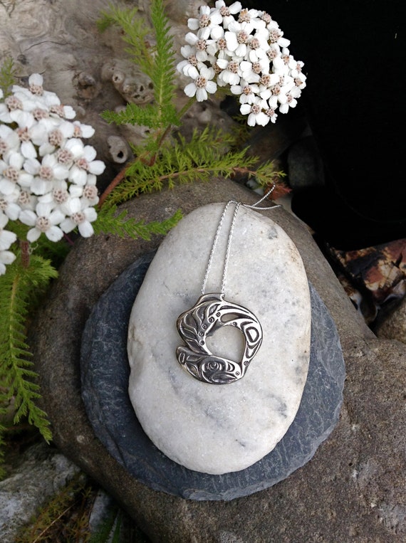 Silver Salmon Alaskan Native Style Necklace on 20"  silver rope chain, cast in eco friendly reclaimed silver