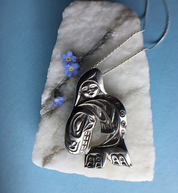 Silver Alaskan Orca Whale, Native Style Silver Killer Whale Pendant on 20" sterling rope chain, eco-friendly reclaimed silver