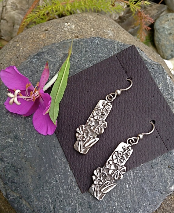 Alaskan Silver Fireweed Dangle Earrings, cast in reclaimed silver, on silver ear wires